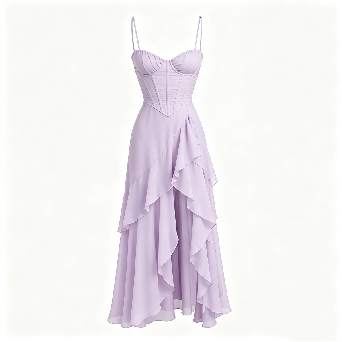 Lavender Corset Bodice Ruffled Chiffon Maxi Dress