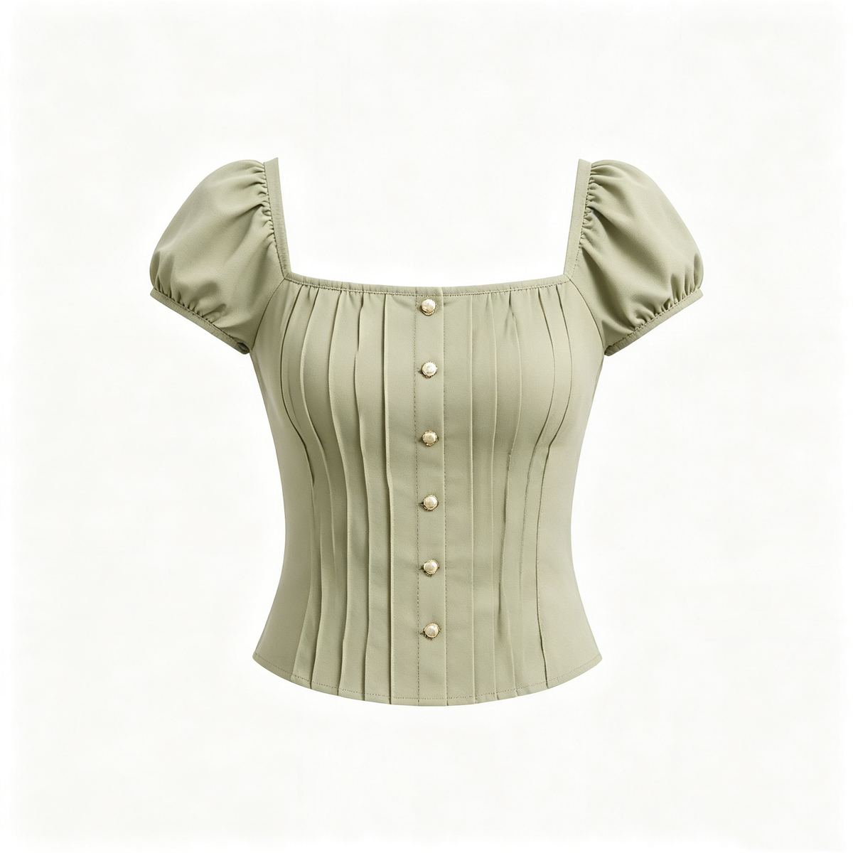 Sage Green Square Neck Puff Sleeve Pleated Crop Top