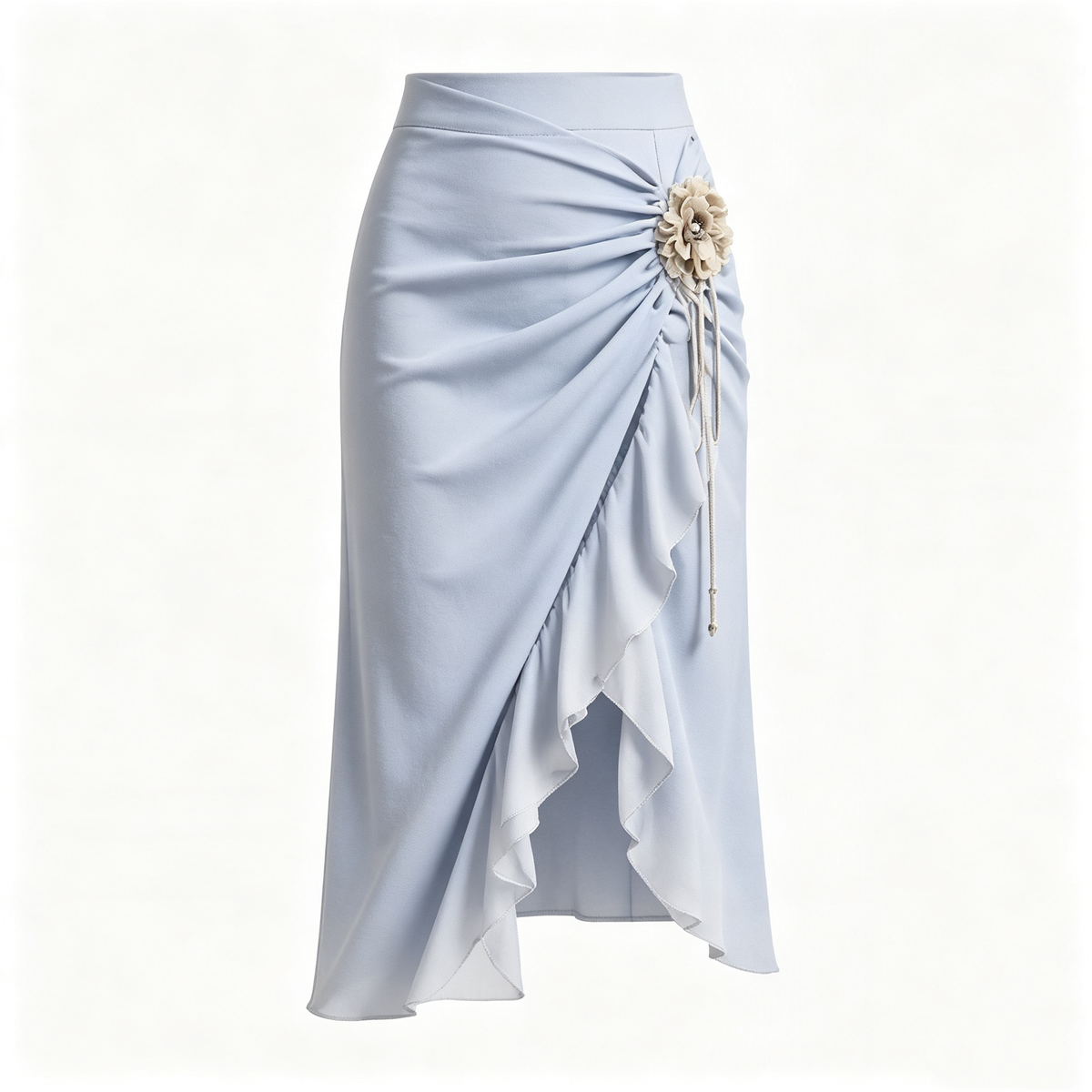 Light Blue Ruched 3D Flower Ruffle Slit Midi Skirt