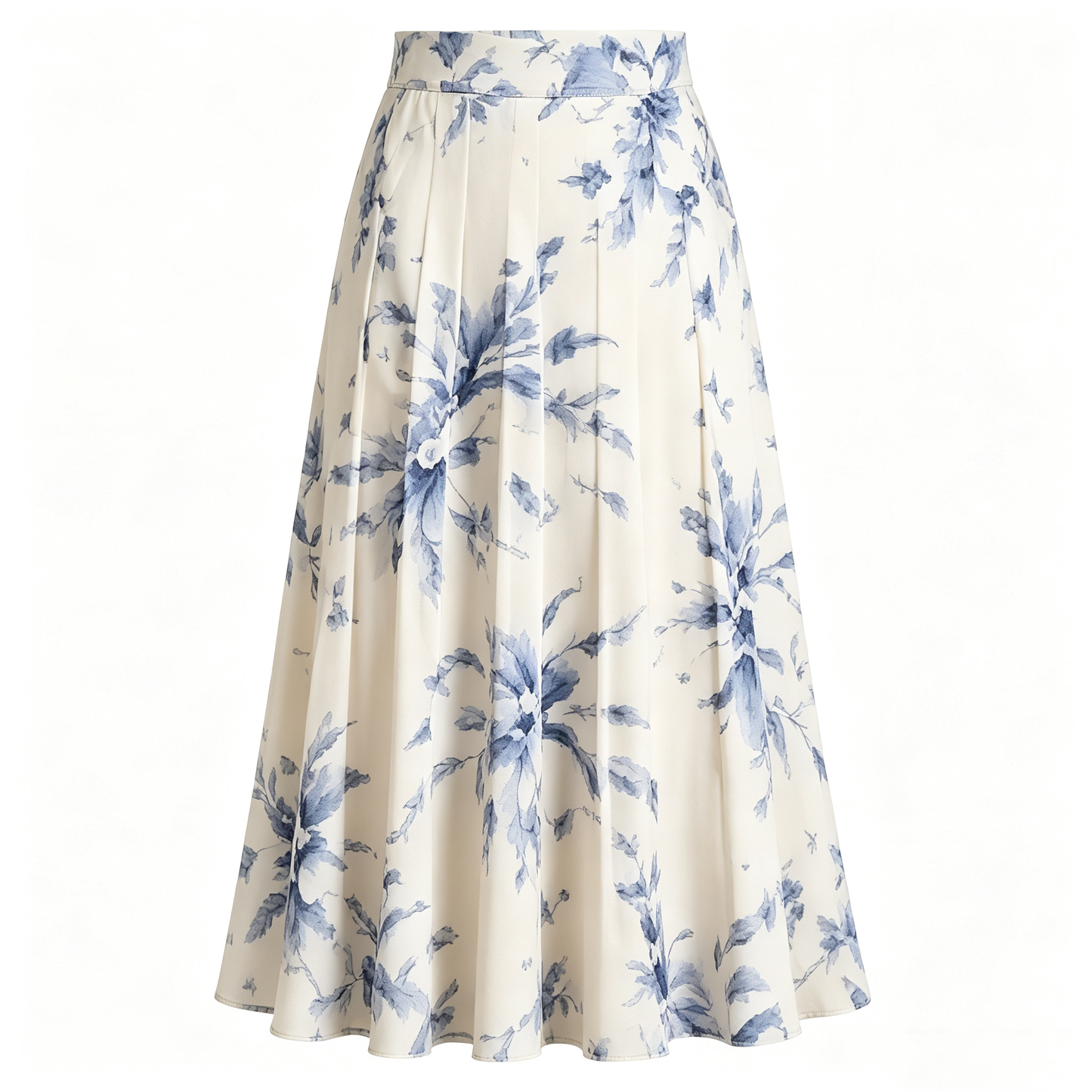 Cream Blue Watercolor Floral Pleated Midi Skirt