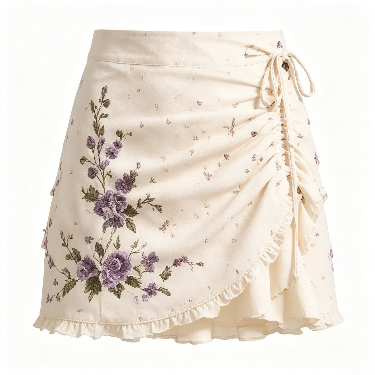 Cream Purple Floral Embroidered Ruched Tie Mini Skirt