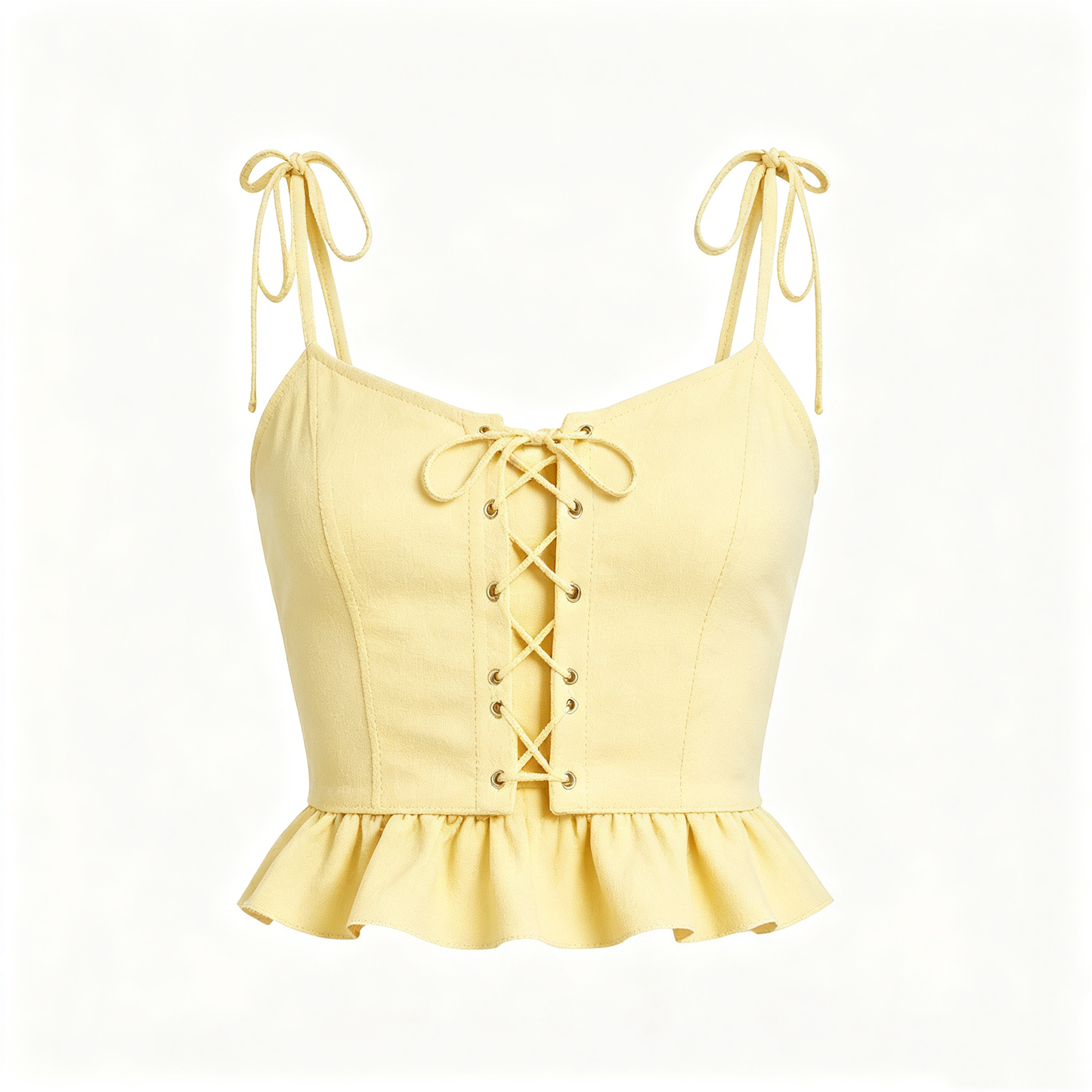 Pale Yellow Lace Up Spaghetti Strap Ruffle Hem Cami Top