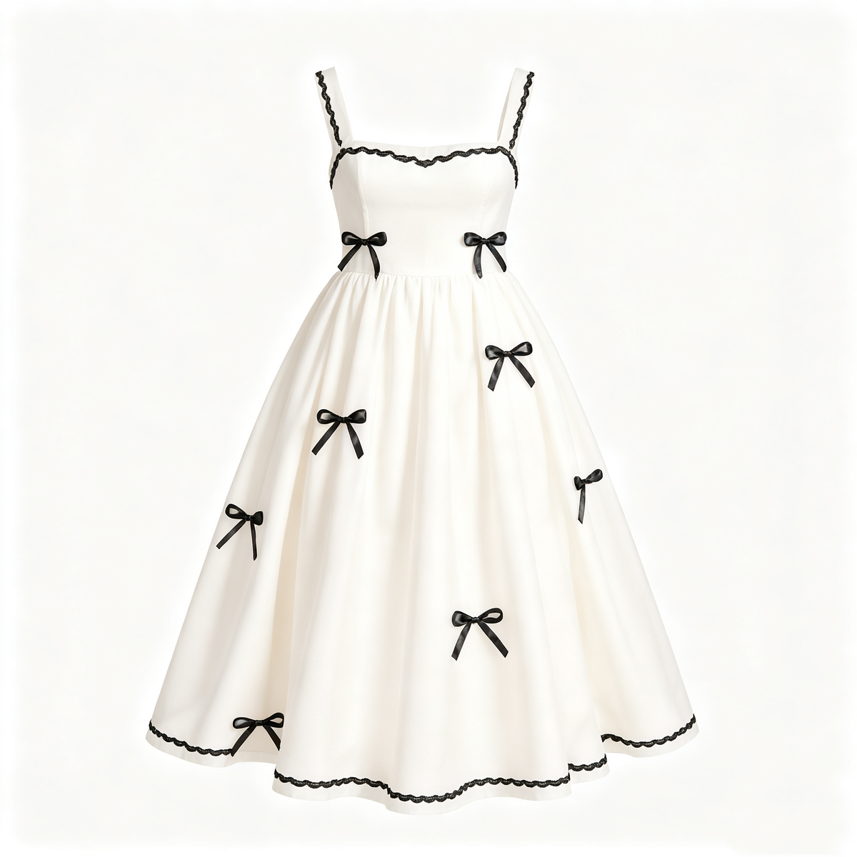 Cream Black Bow Decor Square Neck Midi Dress