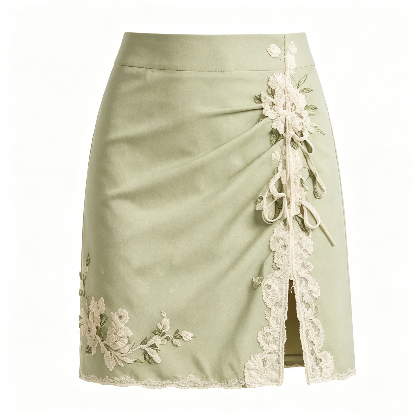 Sage Green Lace Floral Embroidered Slit Mini Skirt
