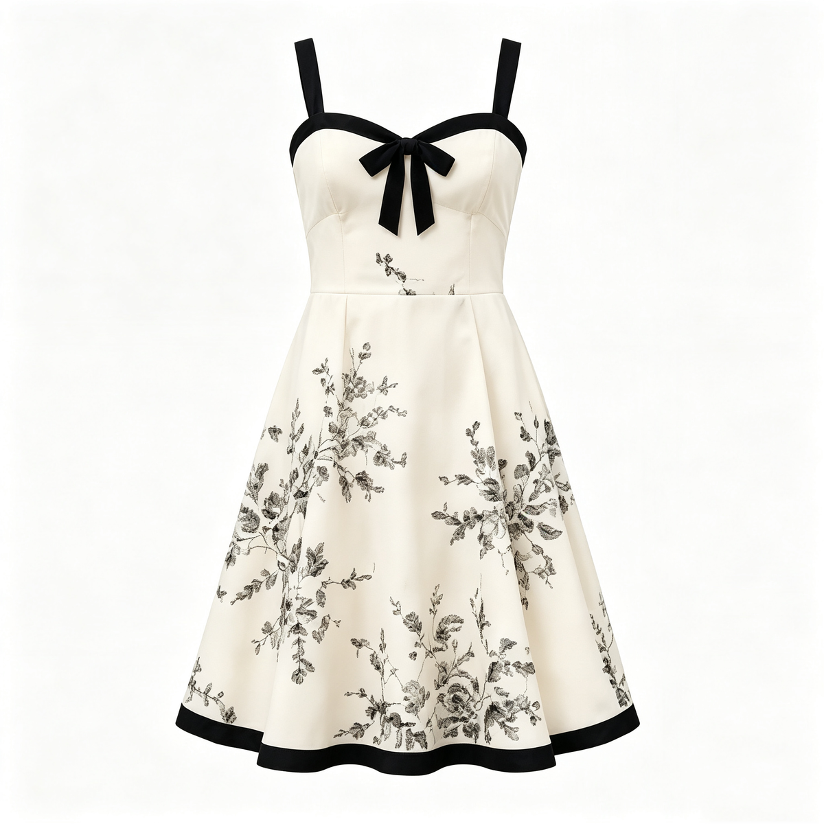 Cream Black Floral Bow Front Mini Dress