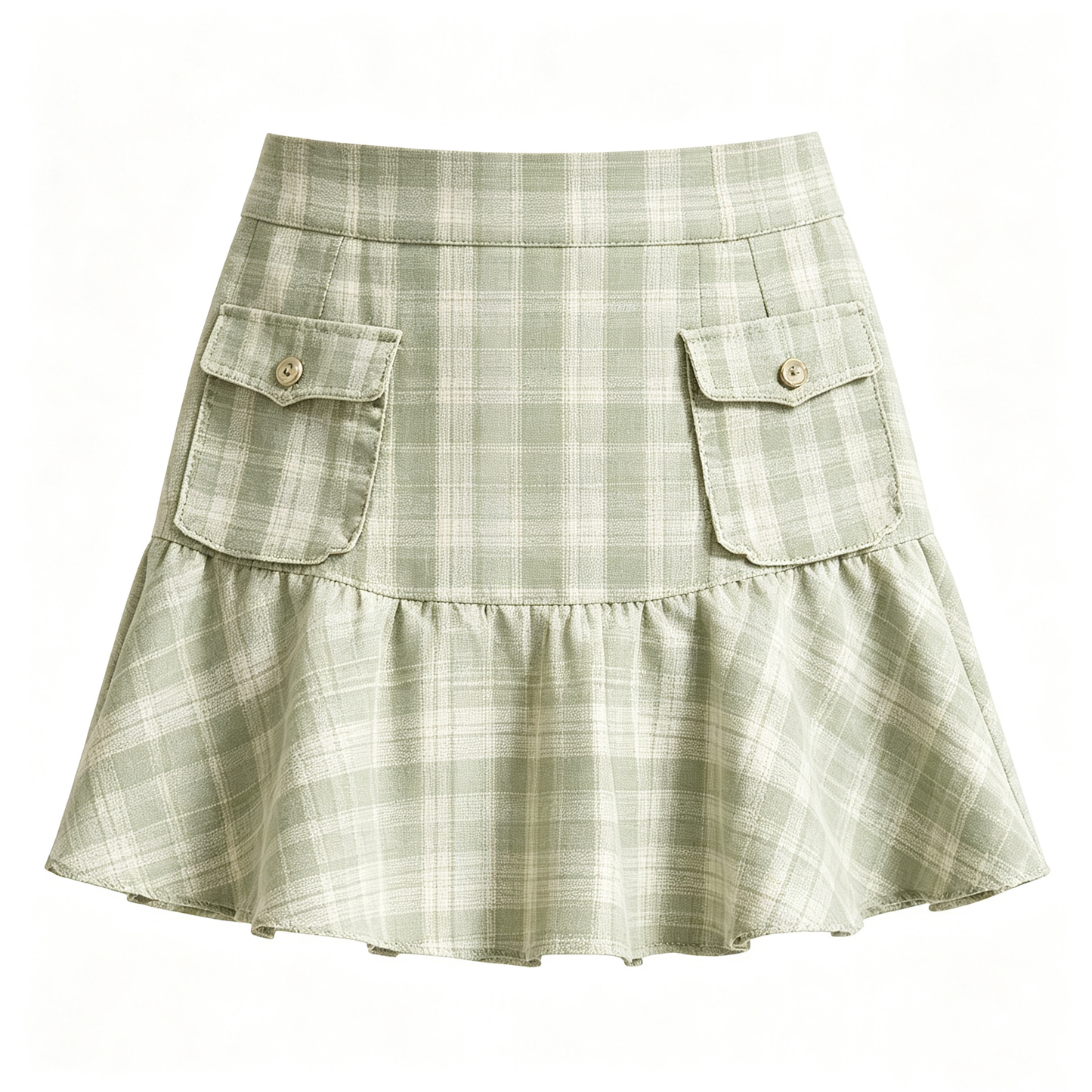 Light Green Plaid Ruffled Cargo Pocket Mini Skirt
