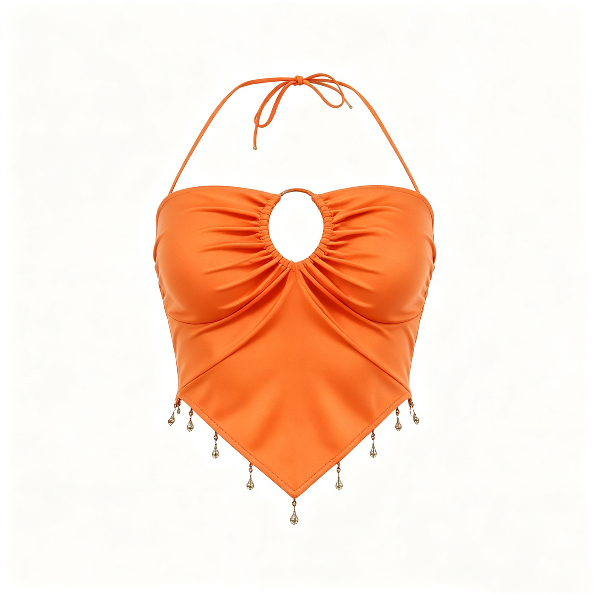 Orange Halter Keyhole Metal Ring Beaded Hem Crop Top