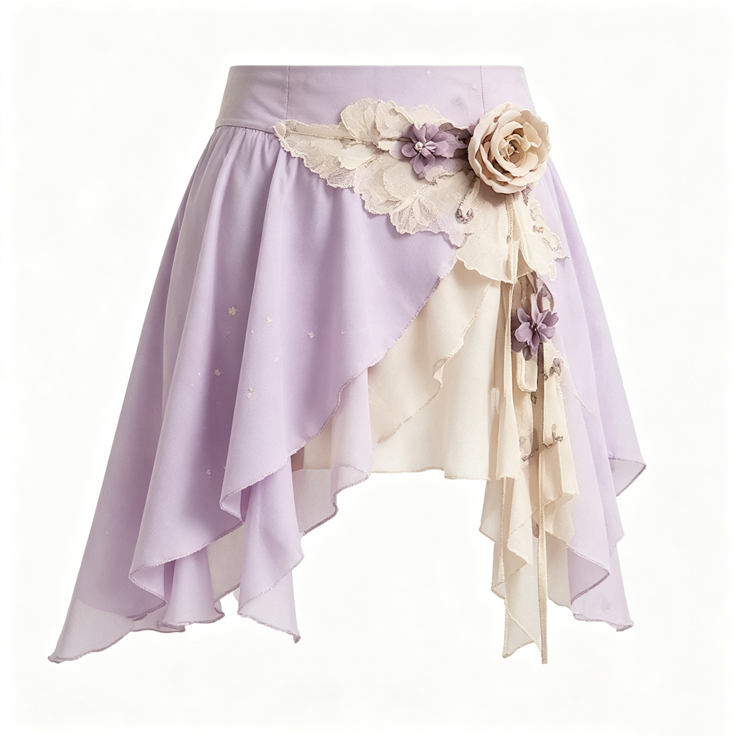 Lavender Asymmetric Chiffon Floral Applique Mini Skirt