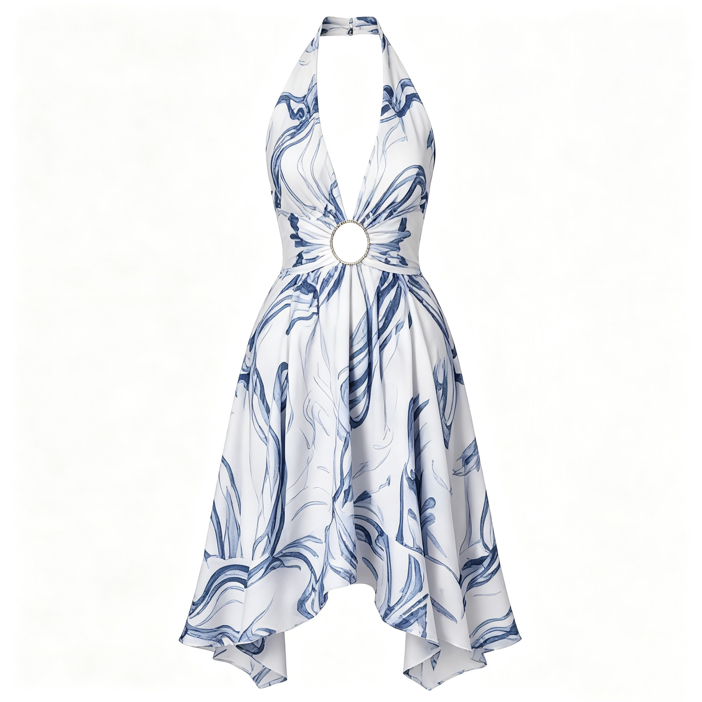 Blue White Abstract Halter Rhinestone Waist Midi Dress