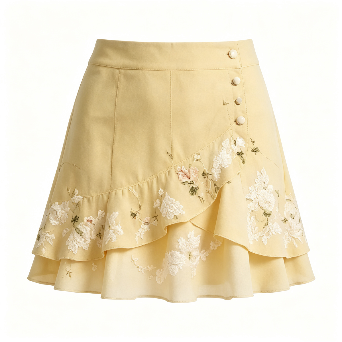 Pale Yellow Floral Embroidered Ruffle Button Mini Skirt