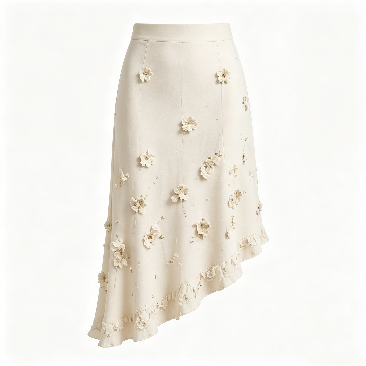 Cream 3D Floral Asymmetric Ruffle Midi Skirt