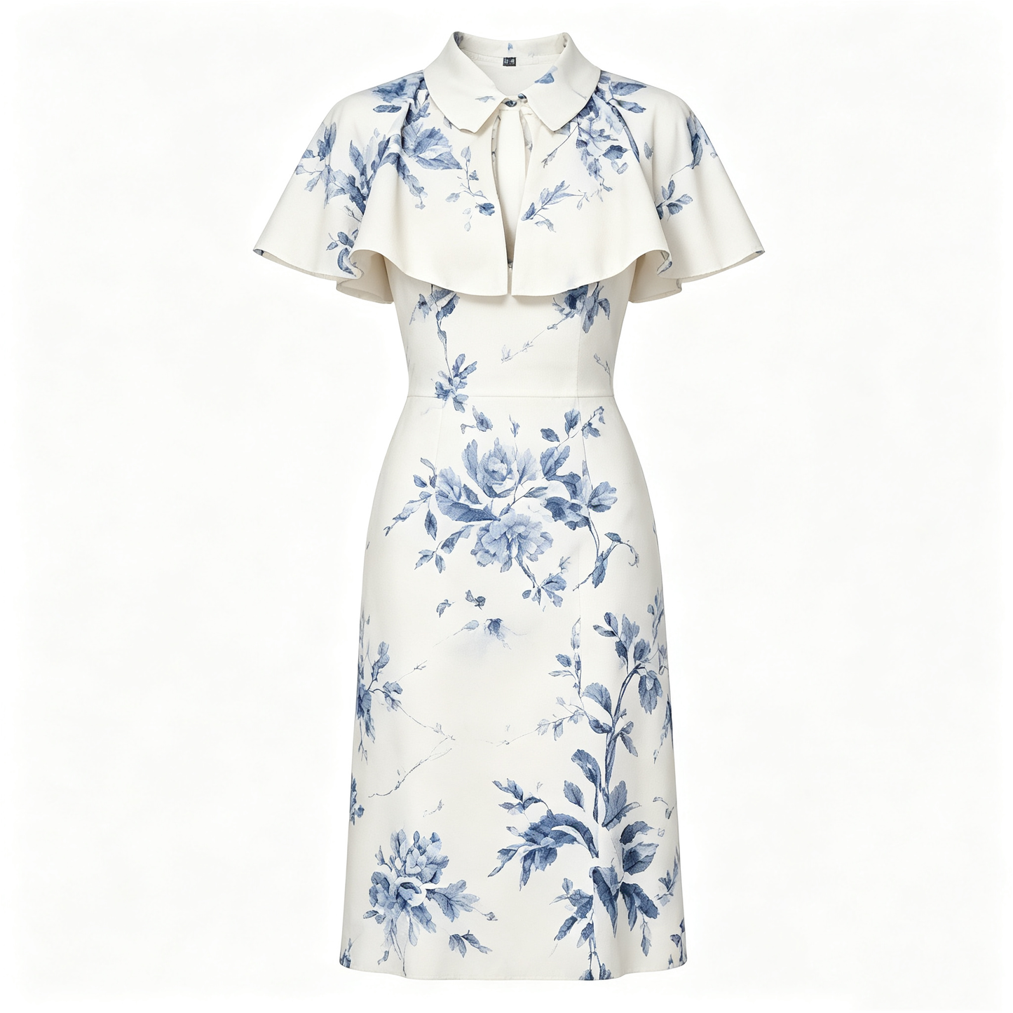 Blue White Floral Cape Collar Midi Dress