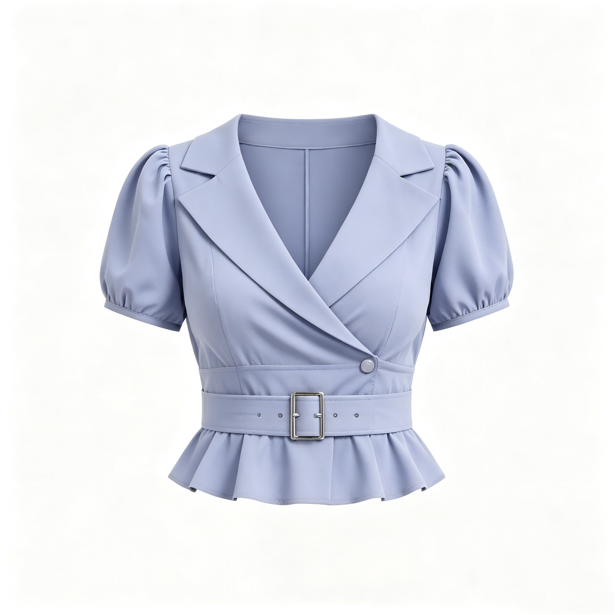 Light Blue Blazer Collar Puff Sleeve Belted Peplum Top