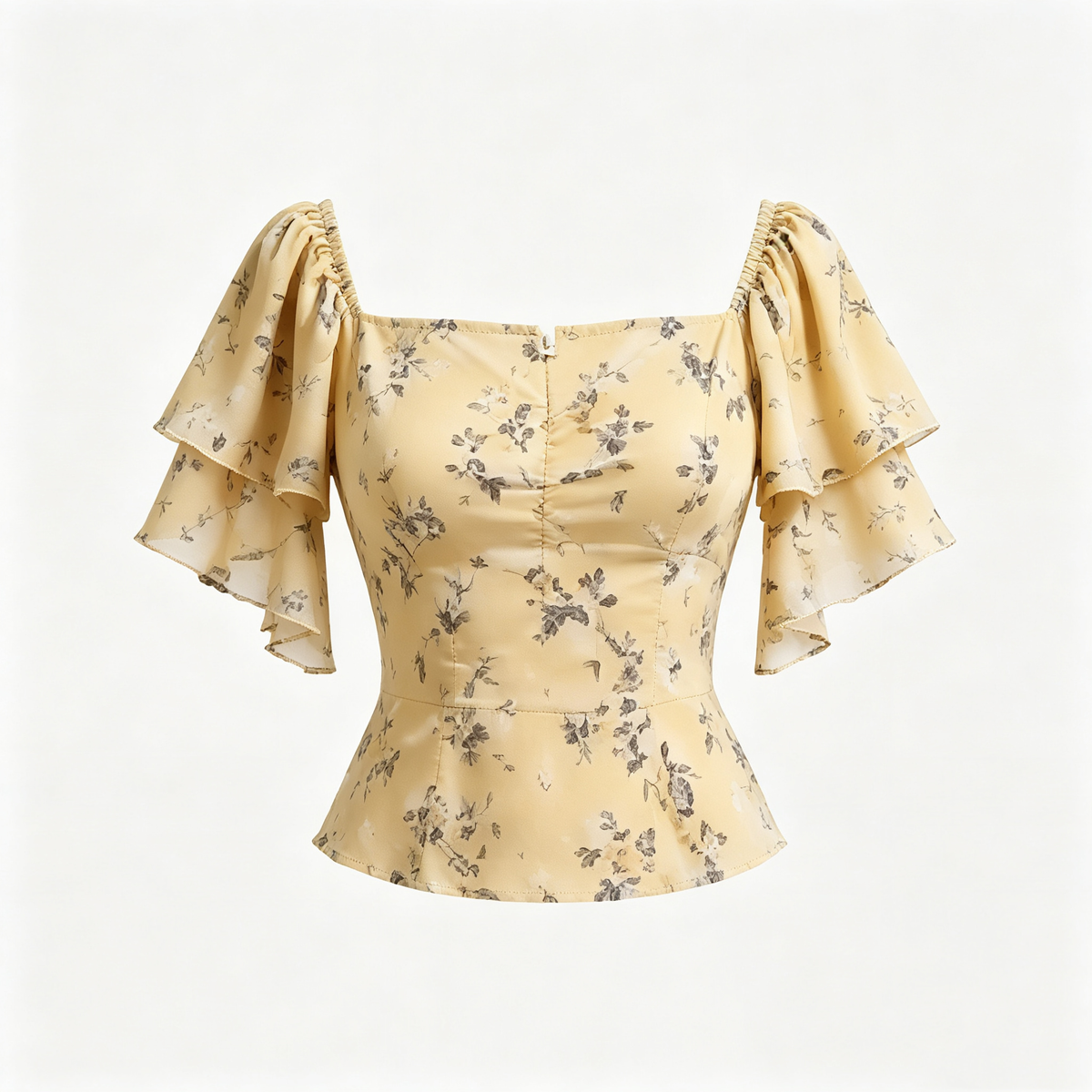 Yellow Floral Square Neck Flutter Sleeve Peplum Blouse