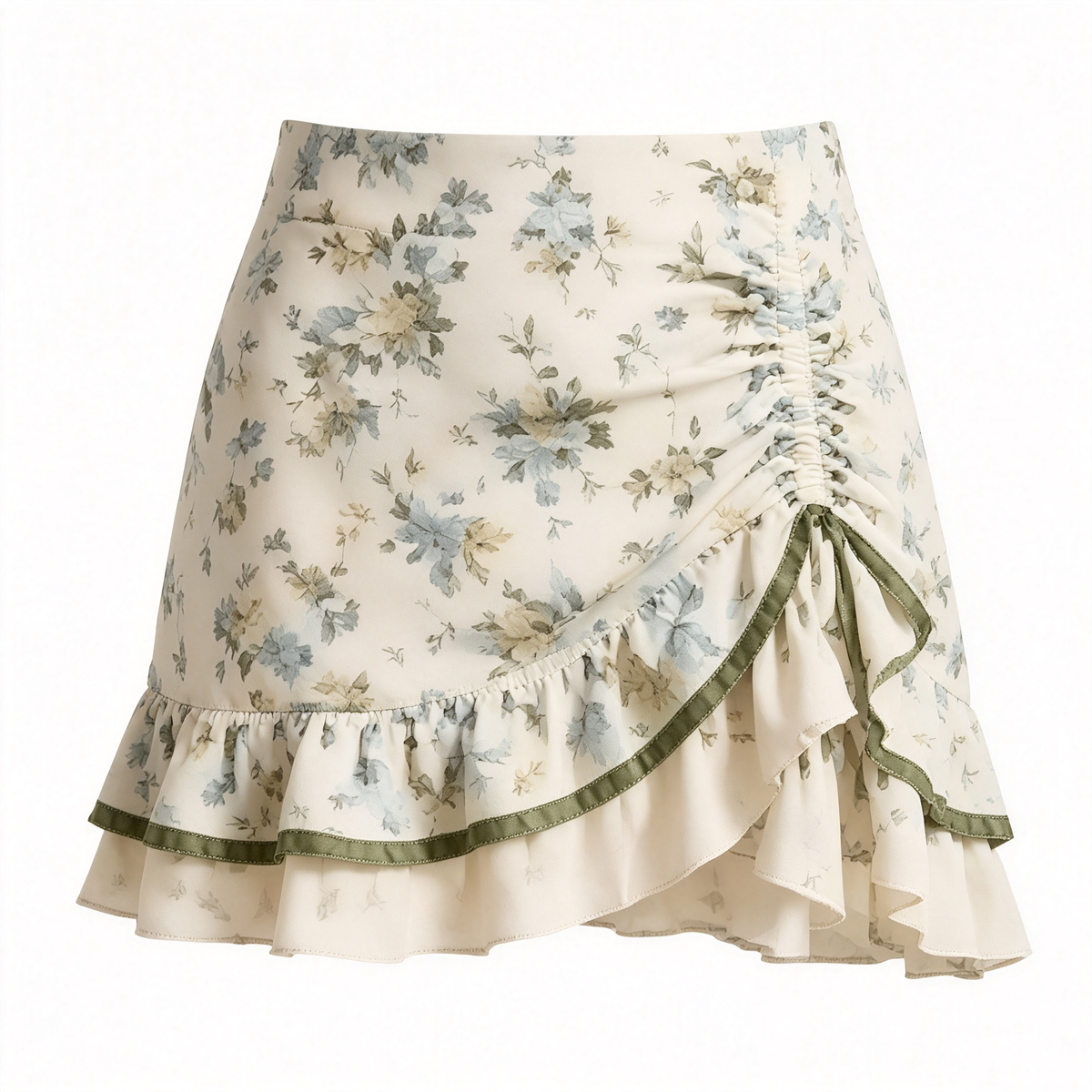 Cream Floral Ruched Ruffle Mini Skirt