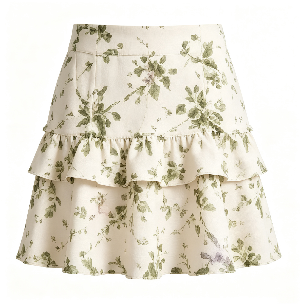 Cream Green Floral Tiered Ruffle Mini Skirt