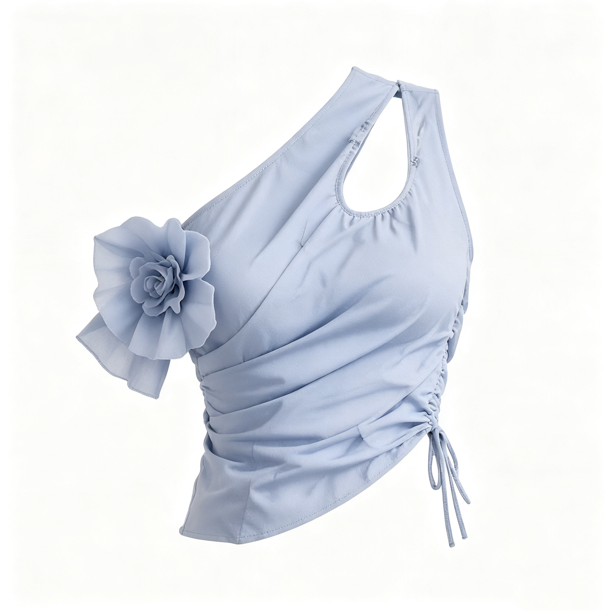 Light Blue One Shoulder 3D Flower Side Drawstring Crop Top