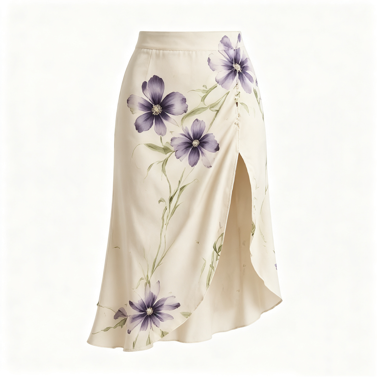 Cream Purple Watercolor Floral Slit Midi Skirt
