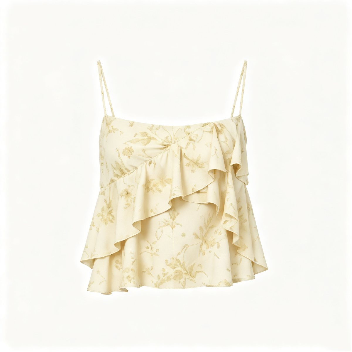 Cream Floral Ruffle Spaghetti Strap Cami Top