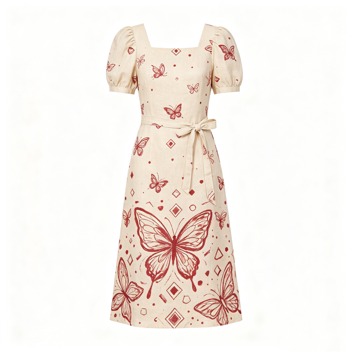 Red Butterfly Print Puff Sleeve Linen Blend Midi Dress