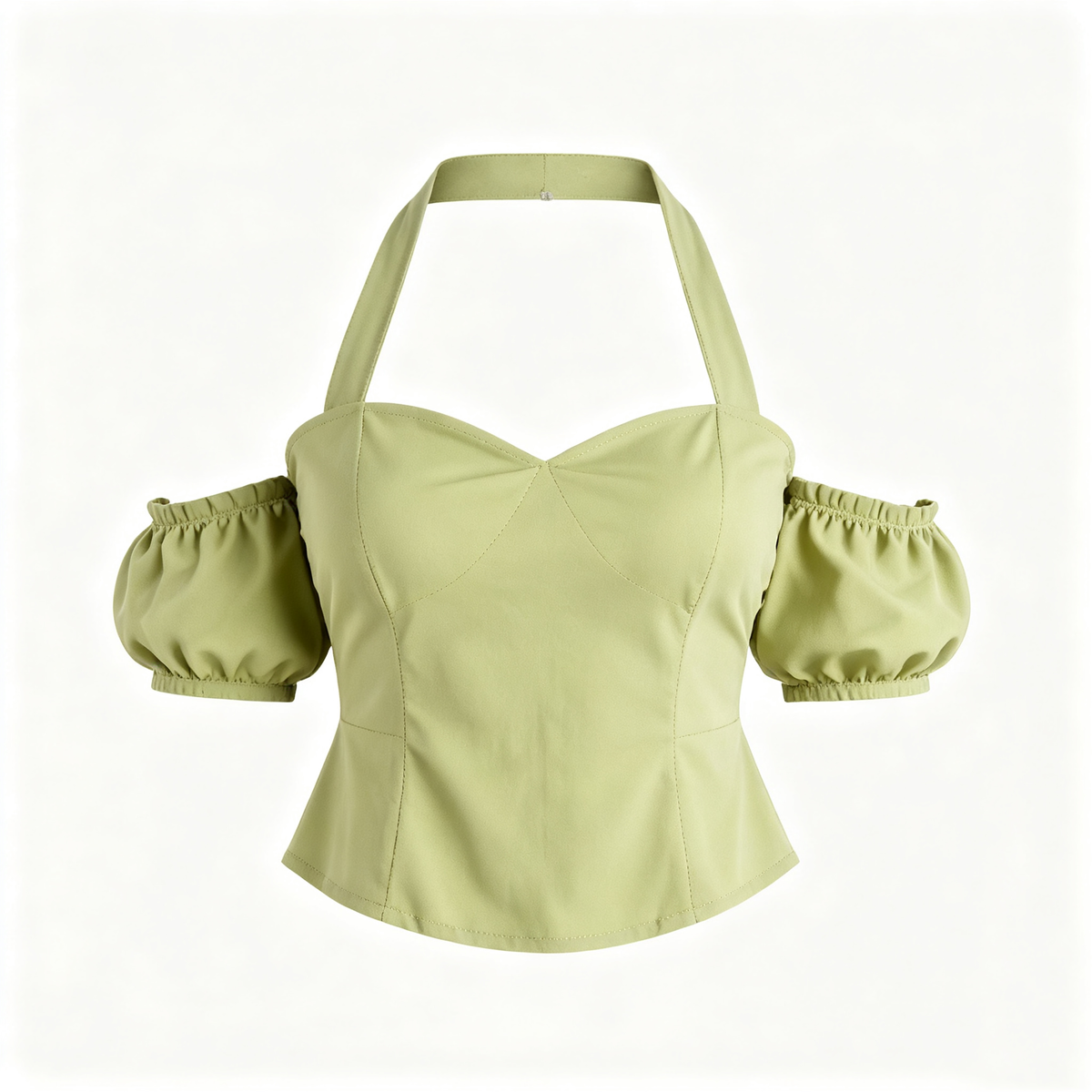 Sage Green Halter Off Shoulder Puff Sleeve Crop Top
