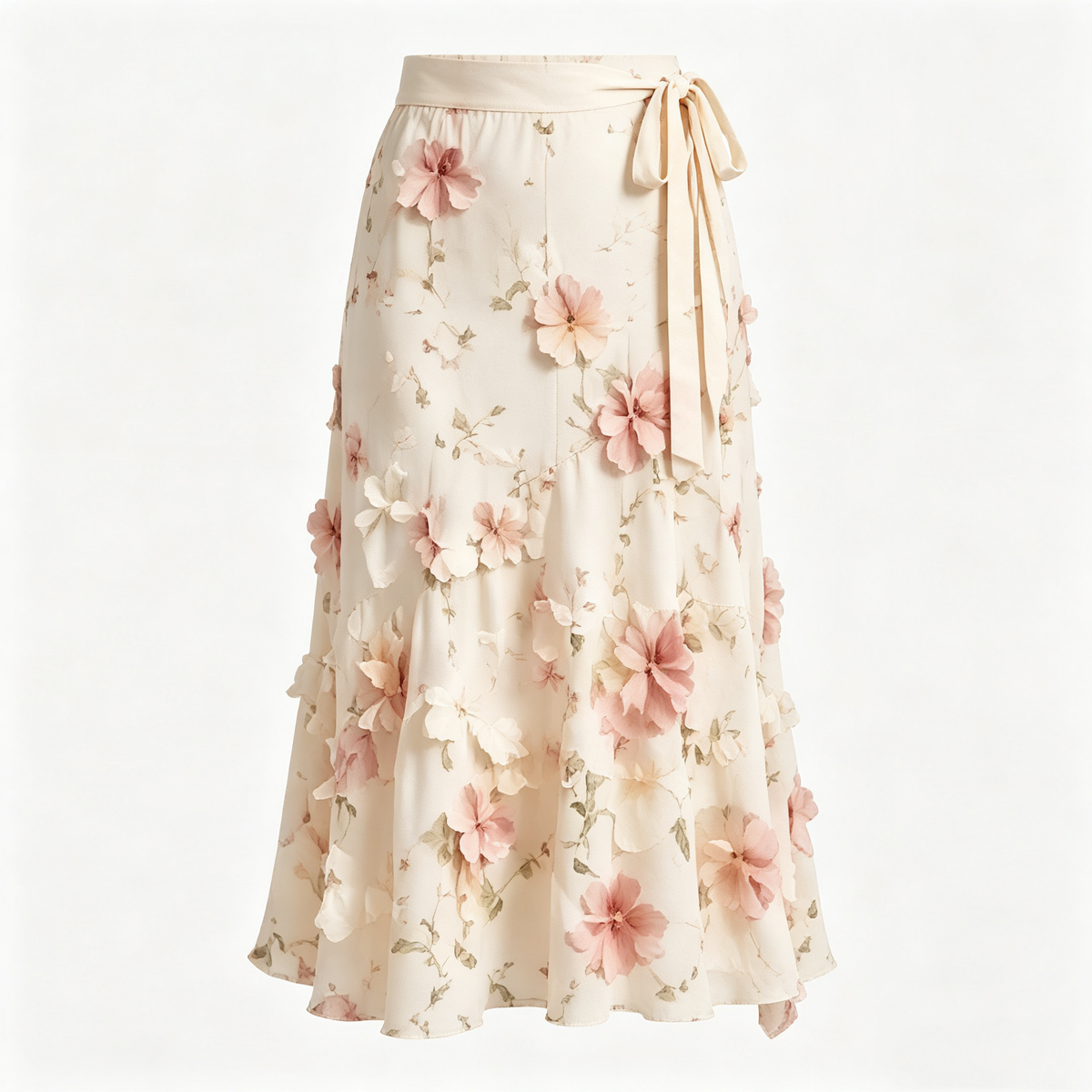 Cream Pink 3D Floral Tiered Wrap Midi Skirt