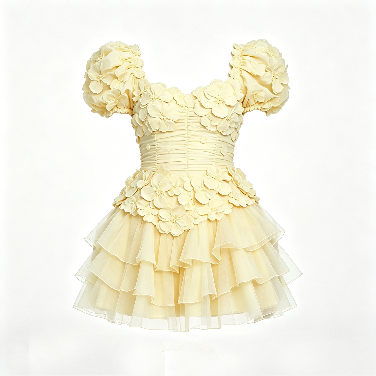 Pale Yellow 3D Floral Puff Sleeve Ruffle Mini Dress