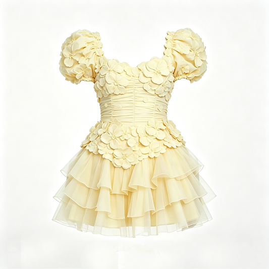 Pale Yellow 3D Floral Puff Sleeve Ruffle Mini Dress