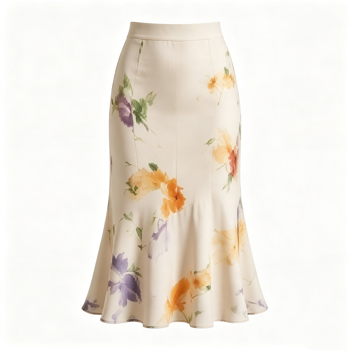 Cream Orange Purple Floral Mermaid Midi Skirt