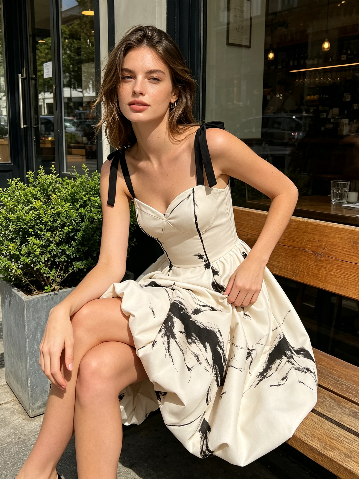 Cream Ink Wash Print Tie‑Strap Bubble Midi Dress