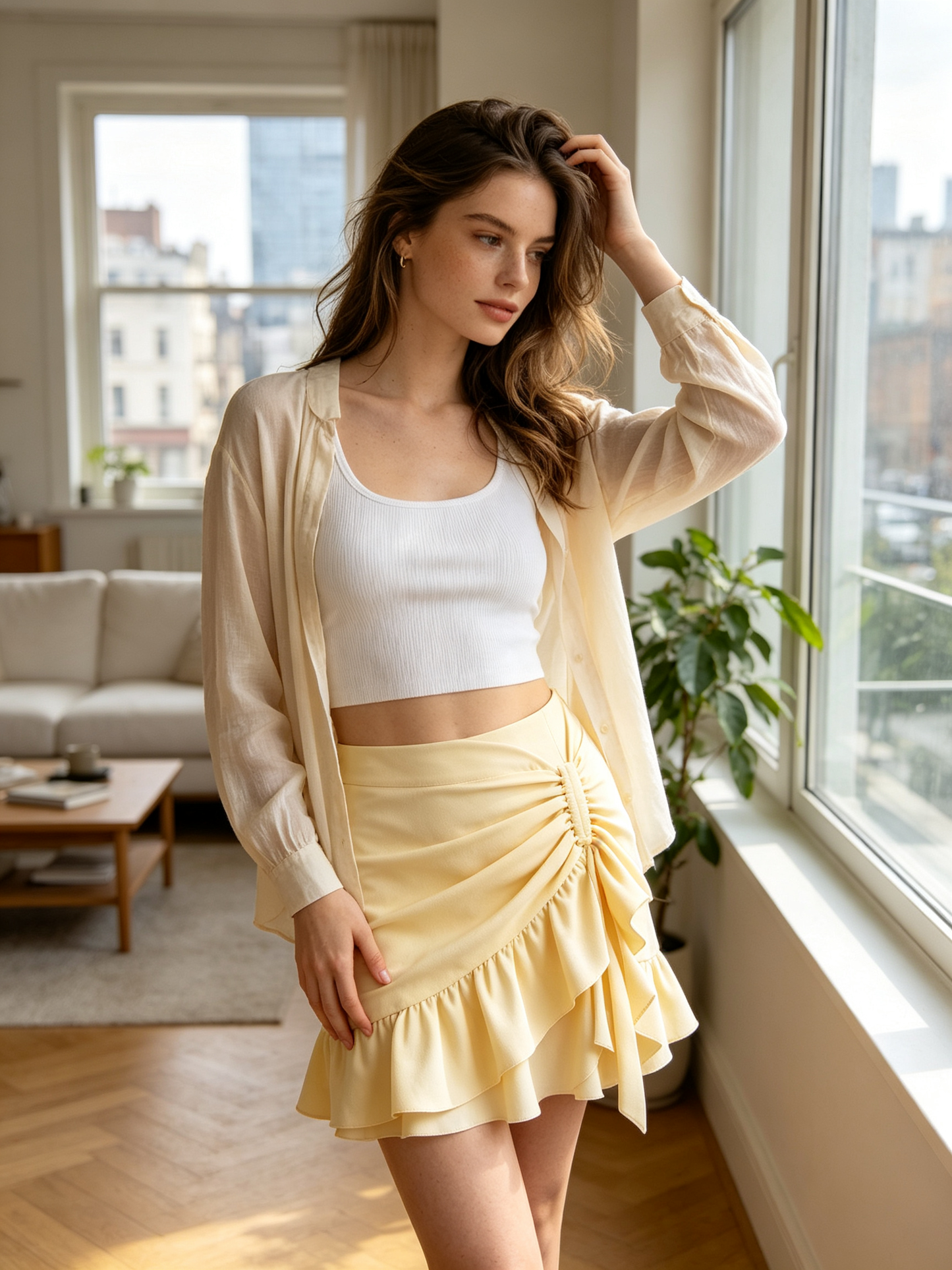 Pale Yellow Ruched Ruffle Wrap Mini Skirt
