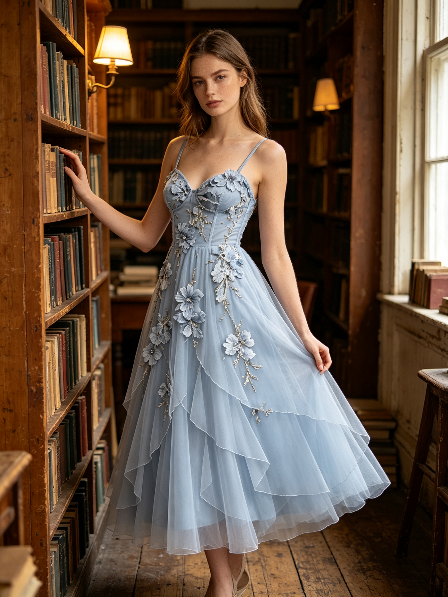 Light Blue 3D Floral Layered Tulle Maxi Dress