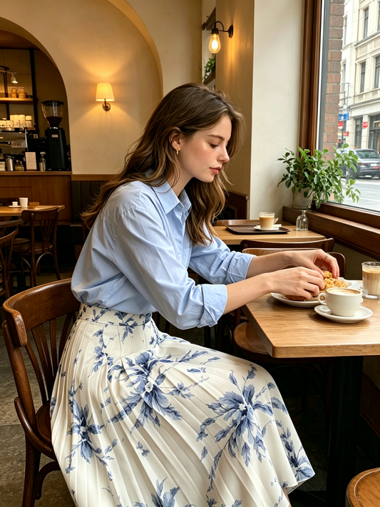 Cream Blue Watercolor Floral Pleated Midi Skirt