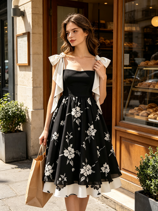 Black White Floral Bow Strap Midi Dress