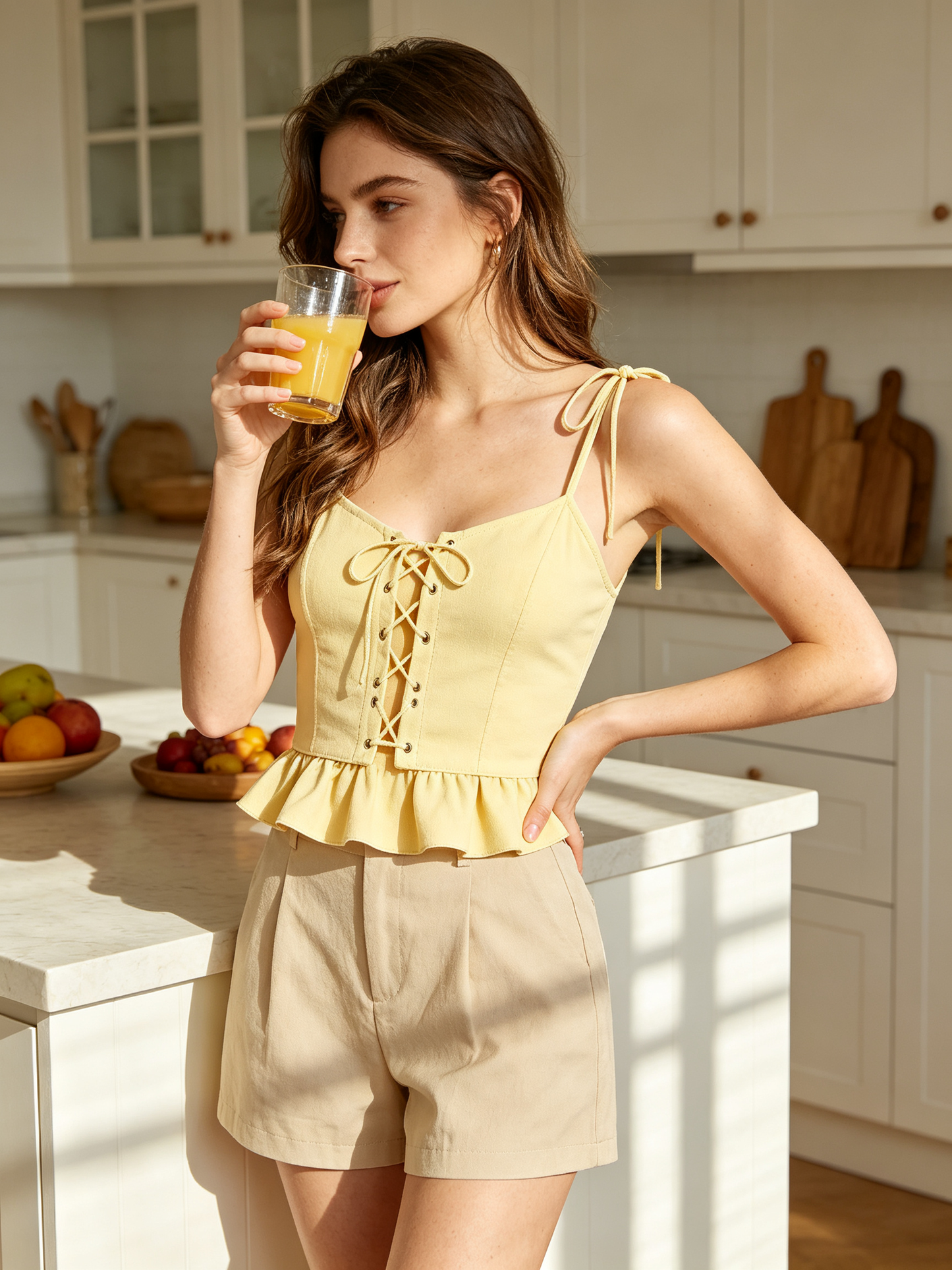 Pale Yellow Lace Up Spaghetti Strap Ruffle Hem Cami Top