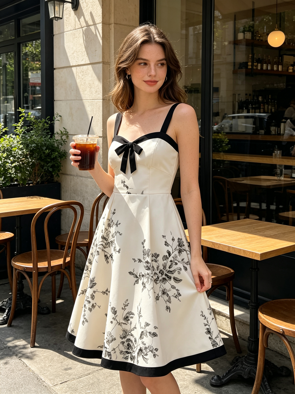 Cream Black Floral Bow Front Mini Dress