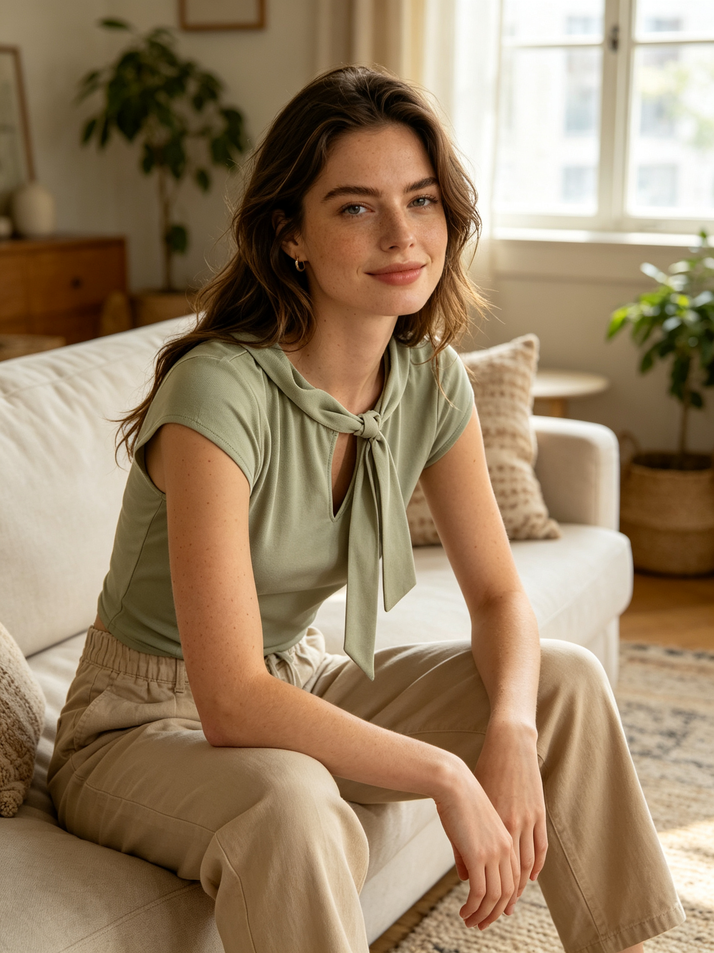 Sage Green Tie Knot Neck Cap Sleeve Cropped Top