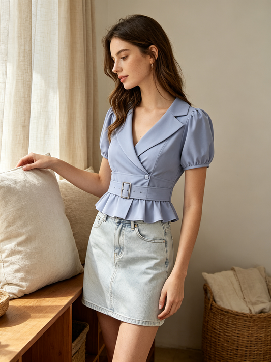 Light Blue Blazer Collar Puff Sleeve Belted Peplum Top
