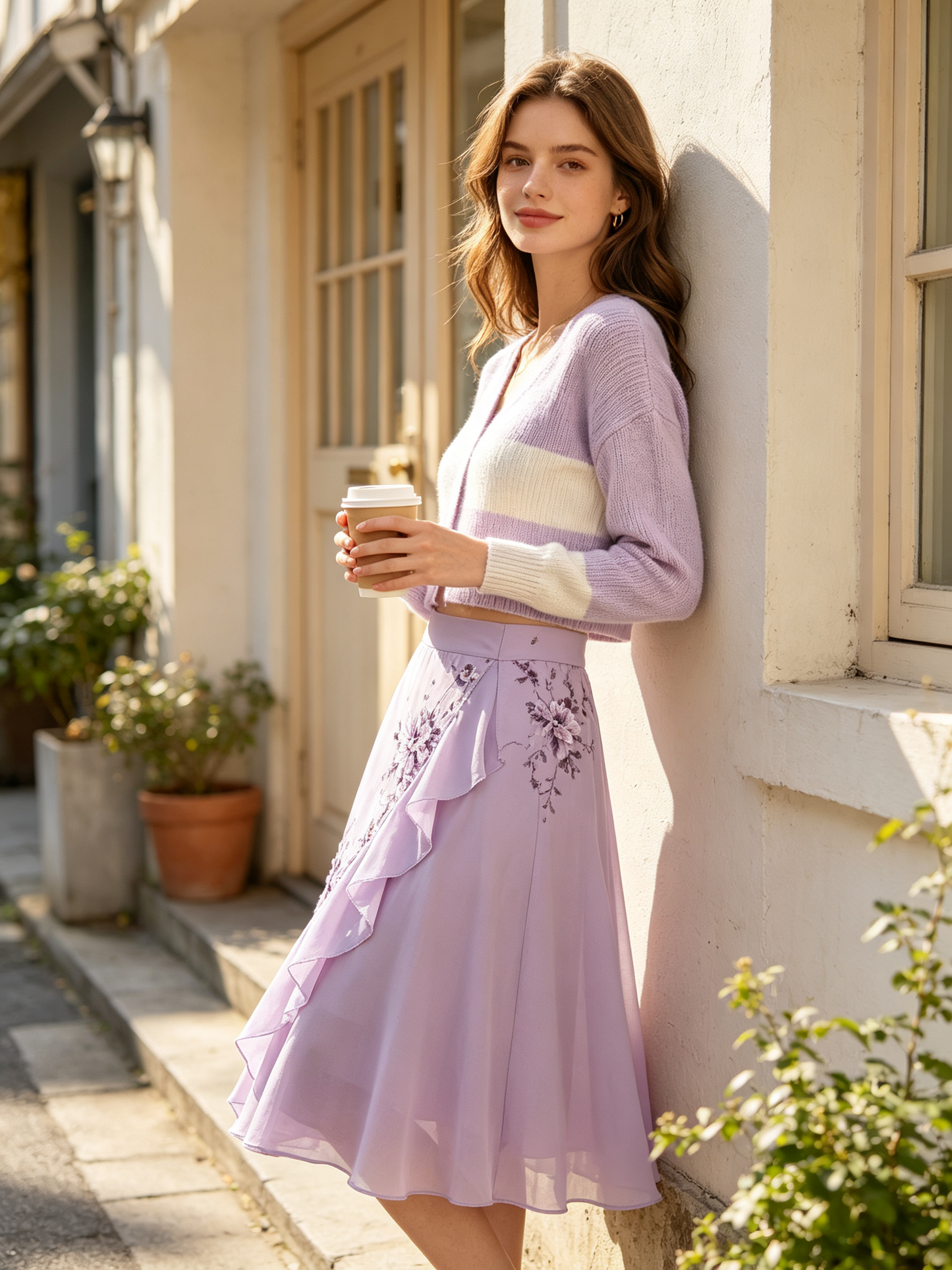 Lavender 3D Floral Embroidered Ruffle Midi Skirt
