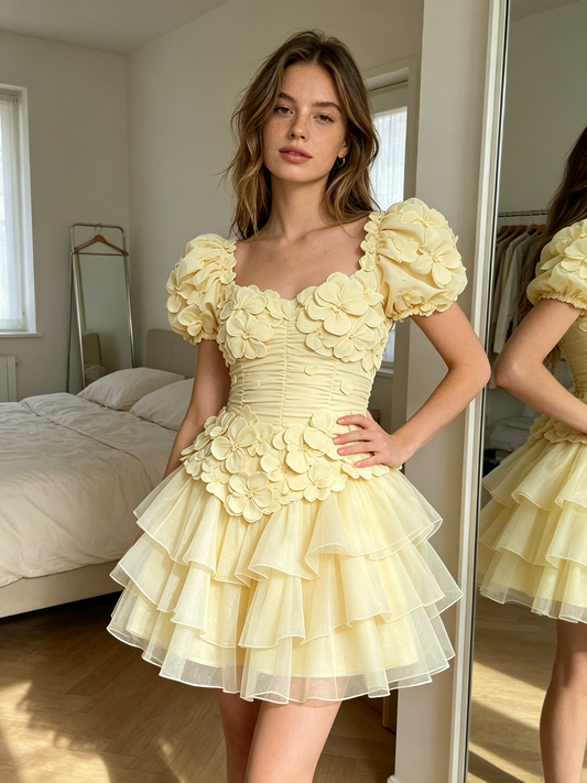 Pale Yellow 3D Floral Puff Sleeve Ruffle Mini Dress