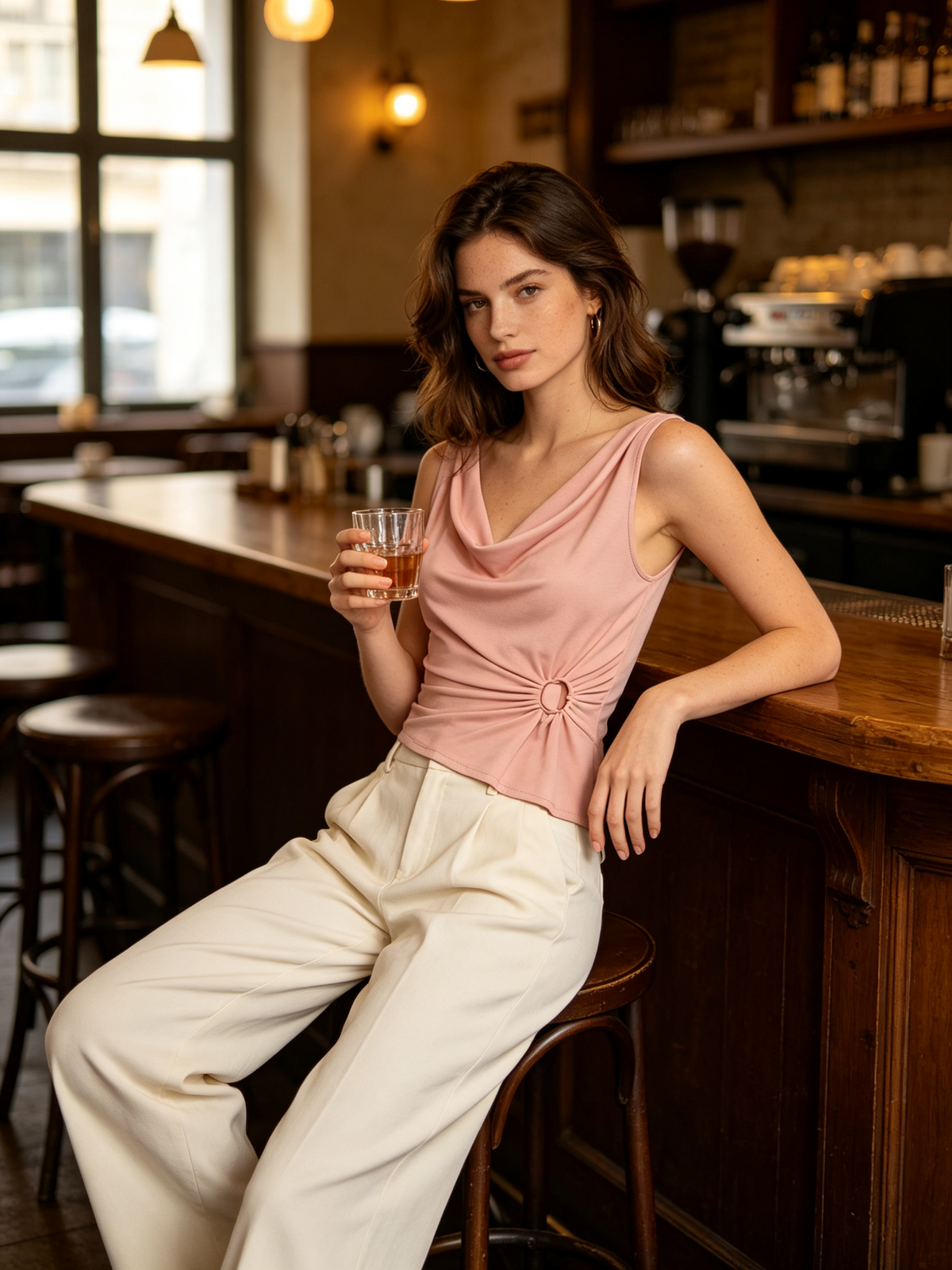 Dusty Pink Cowl Neck Twist Cutout Sleeveless Top
