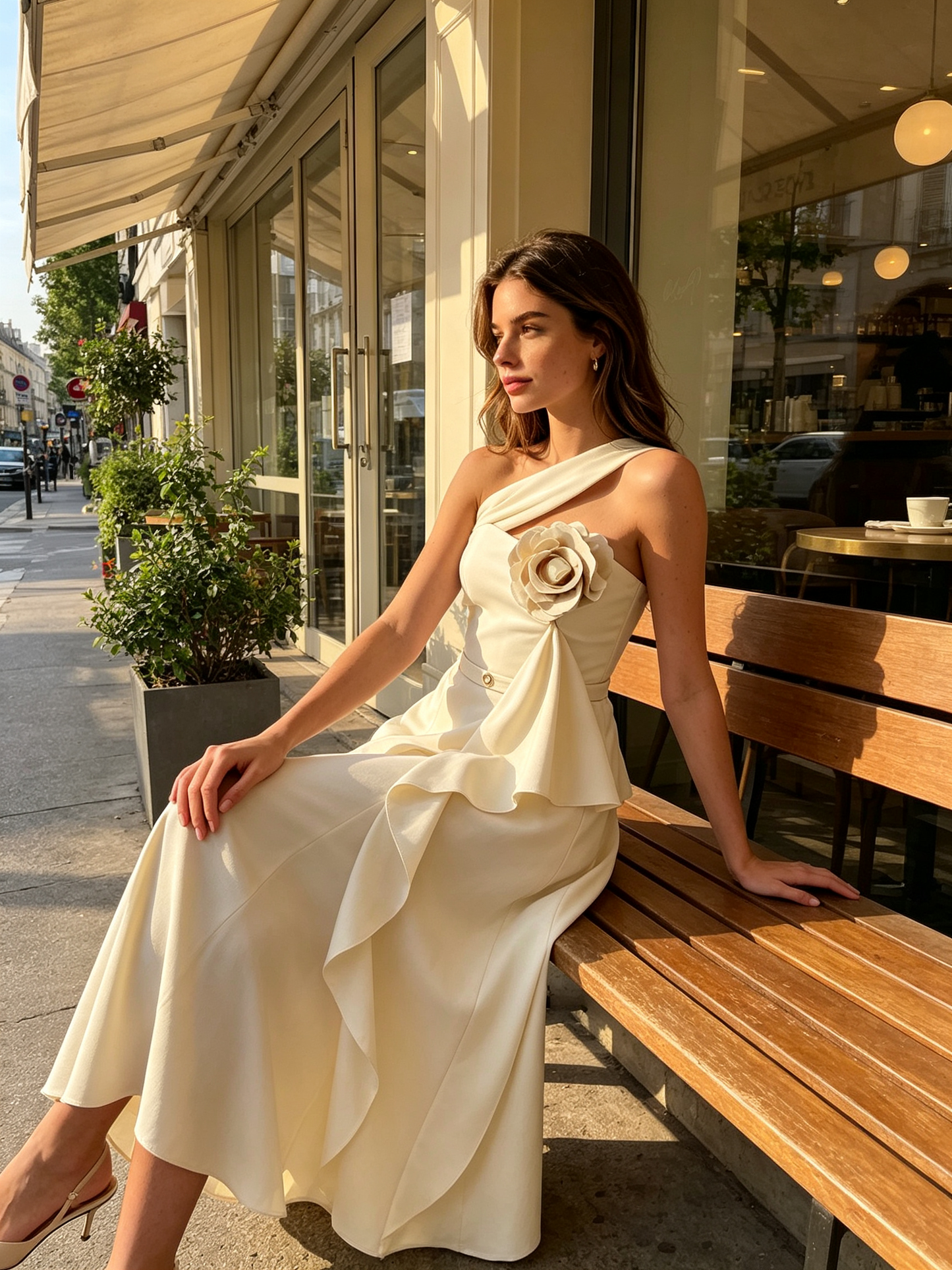 Off White One Shoulder 3D Flower Flowy Maxi Dress
