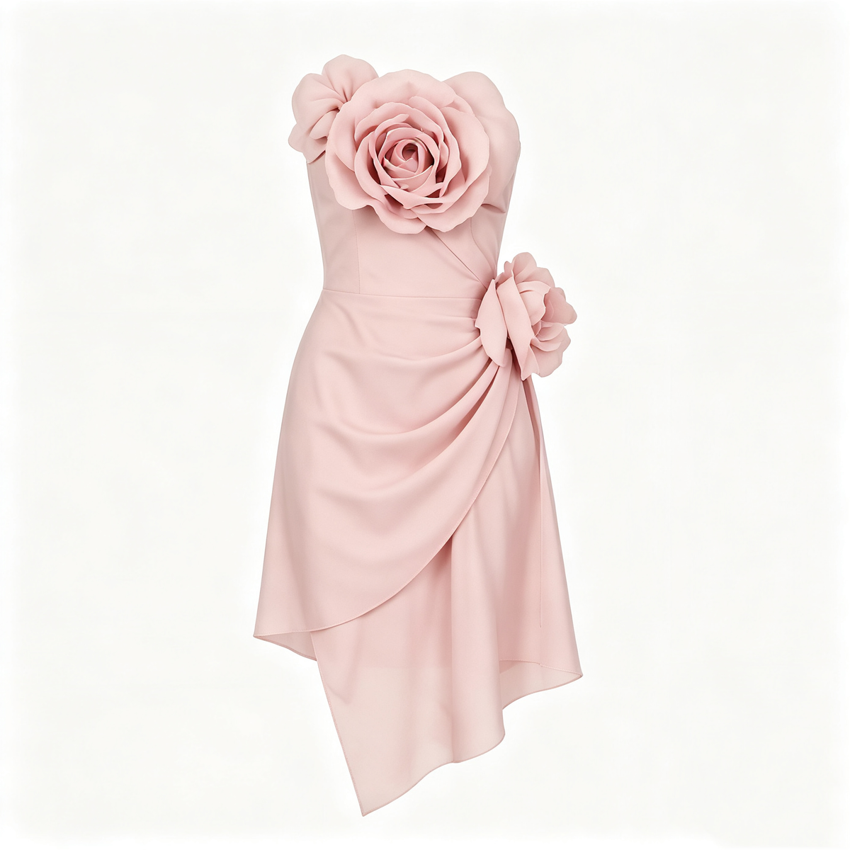 Dusty Pink 3D Floral Strapless Midi Dress