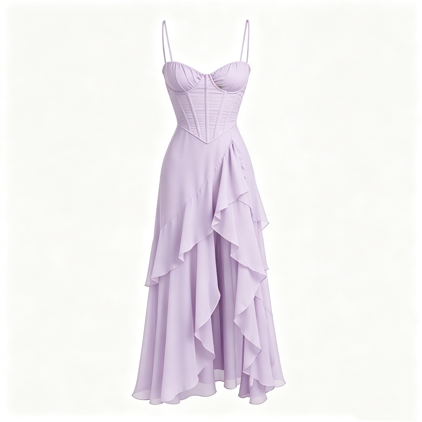 Lavender Corset Bodice Ruffled Chiffon Maxi Dress