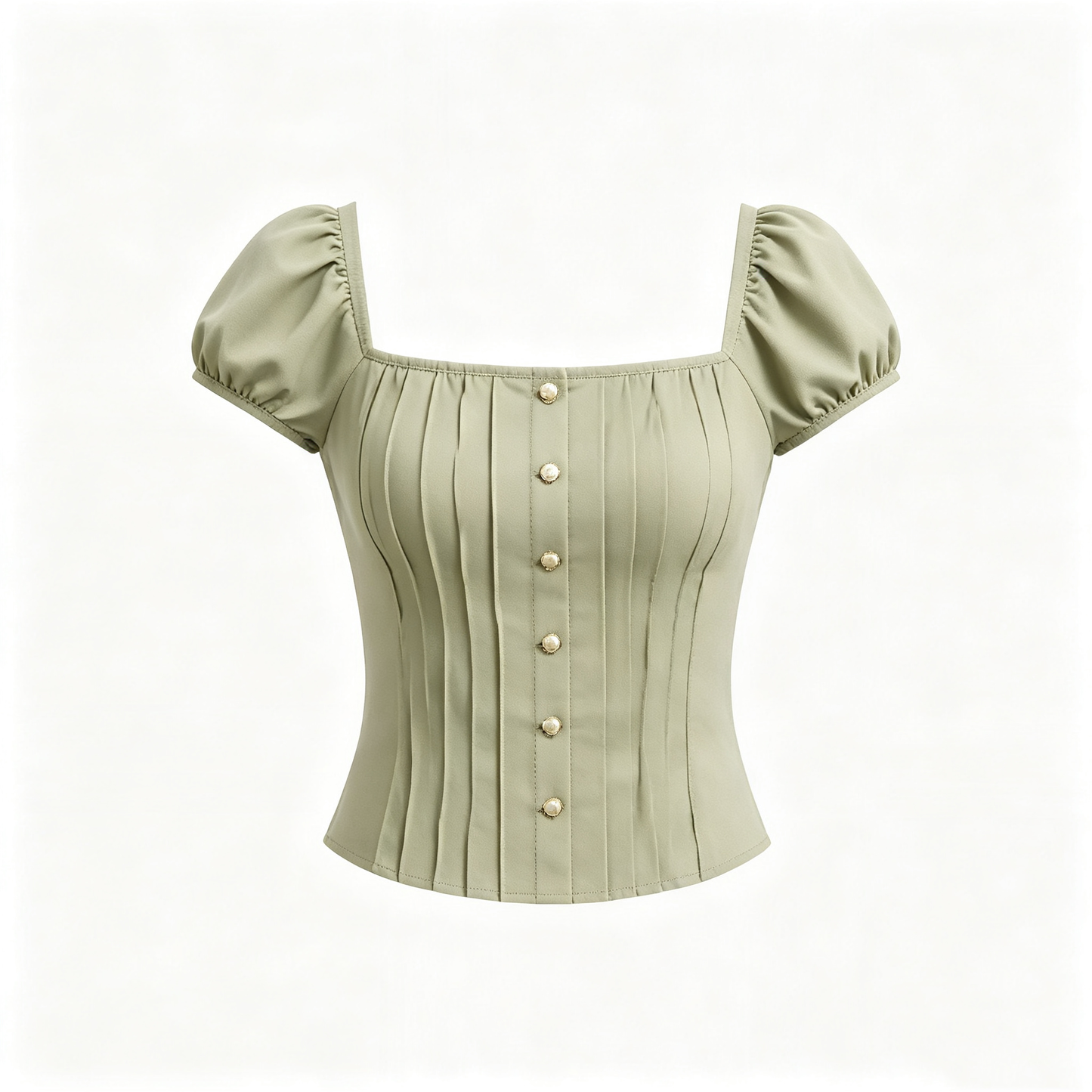 Sage Green Square Neck Puff Sleeve Pleated Crop Top