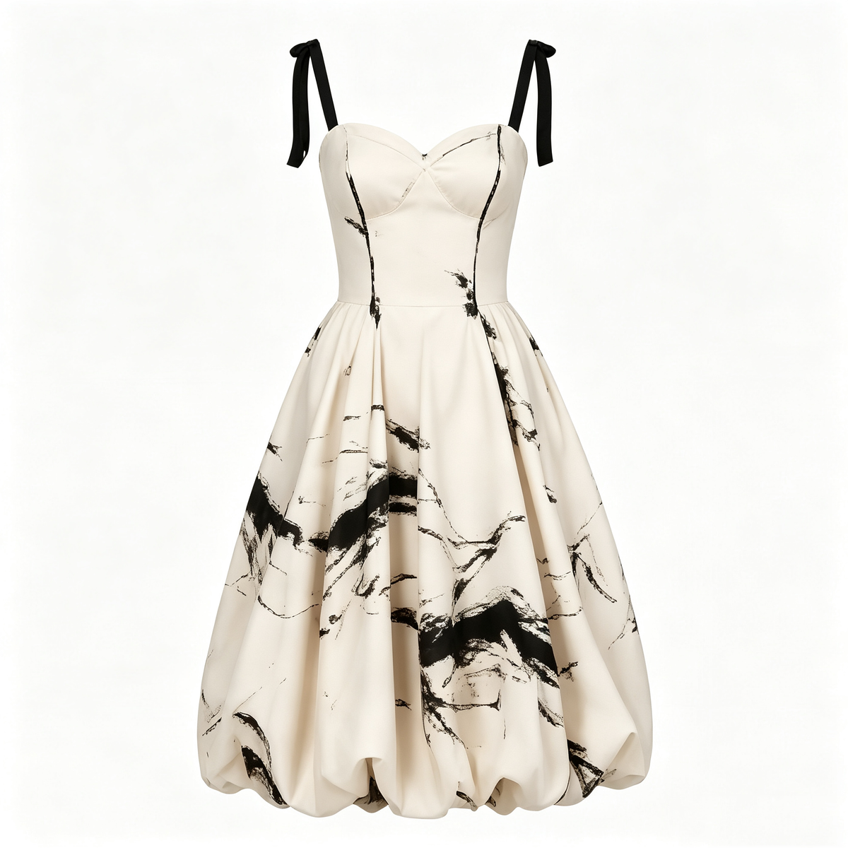 Cream Ink Wash Print Tie‑Strap Bubble Midi Dress