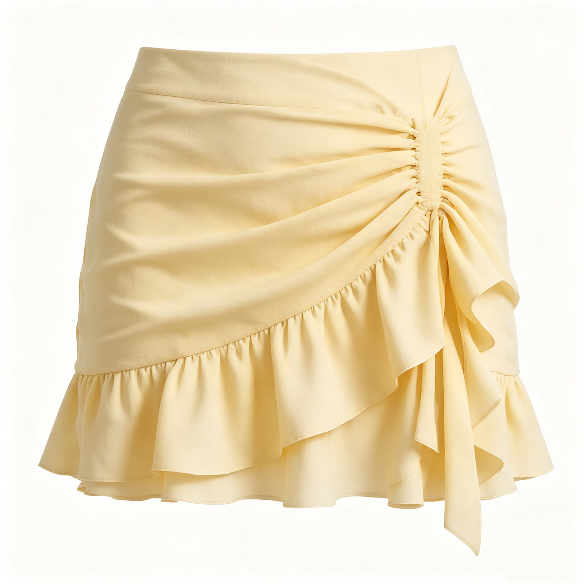 Pale Yellow Ruched Ruffle Wrap Mini Skirt