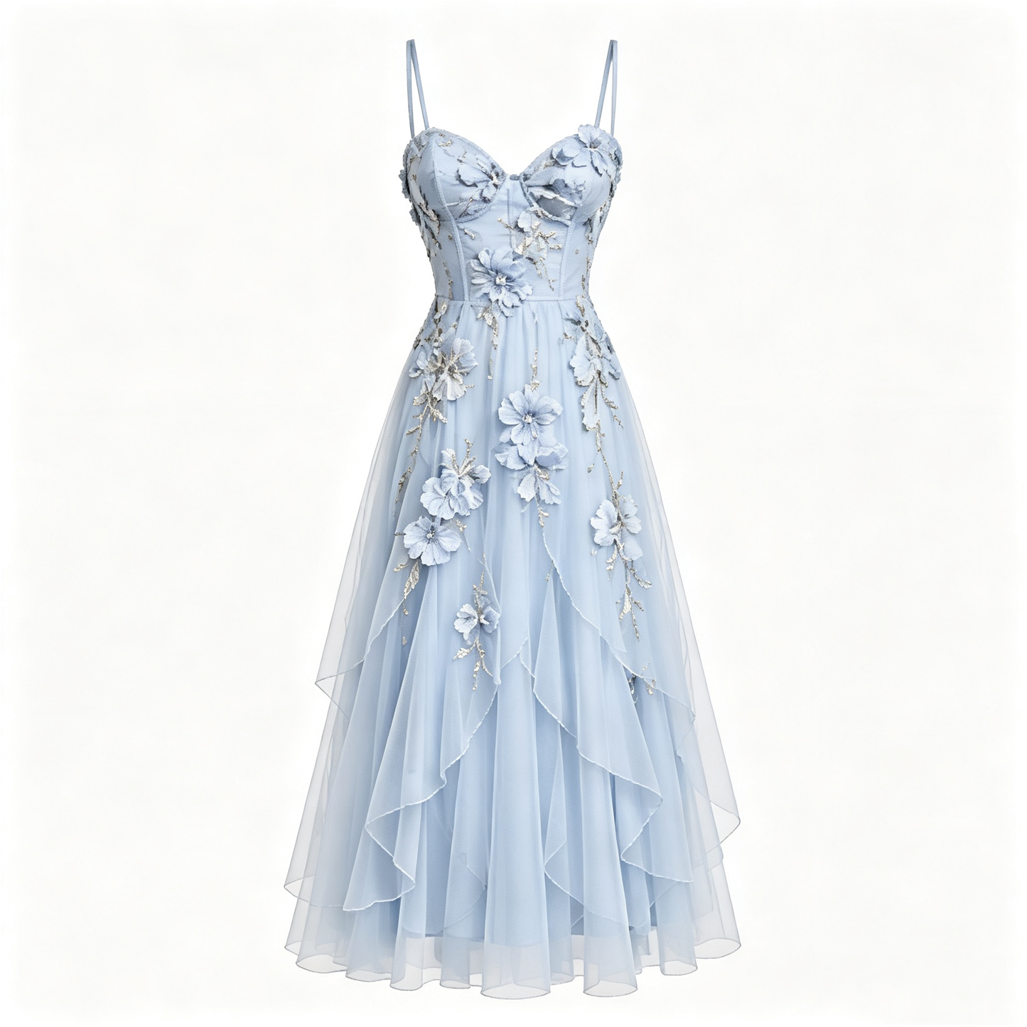 Light Blue 3D Floral Layered Tulle Maxi Dress