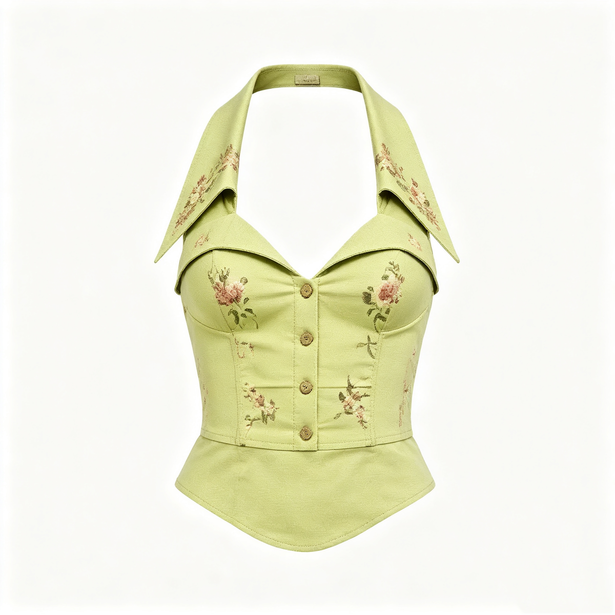 Sage Green Floral Embroidered Halter Collar Corset Top