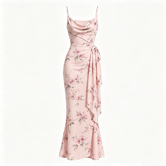Pink Floral Print Satin Twist Mermaid Maxi Dress